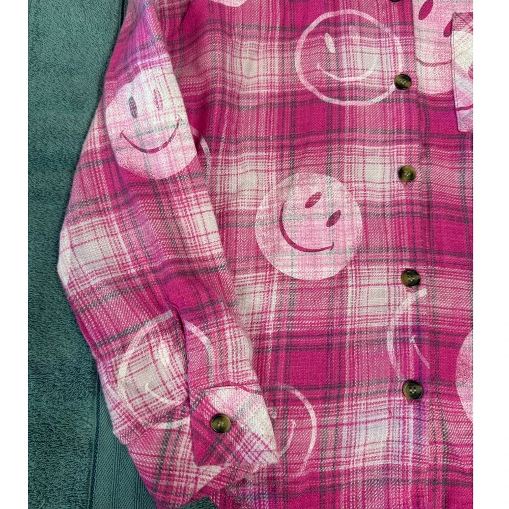 Justice Girls Pink Plaid Smiley Face Flannel Button Down‎ Shirt Size S 7/8